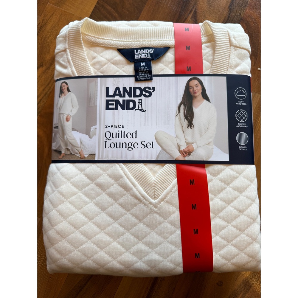 Lands' End Lounge Set Women Medium Ivory New Quilted 2-Piece Jacquard V-Neck NEW